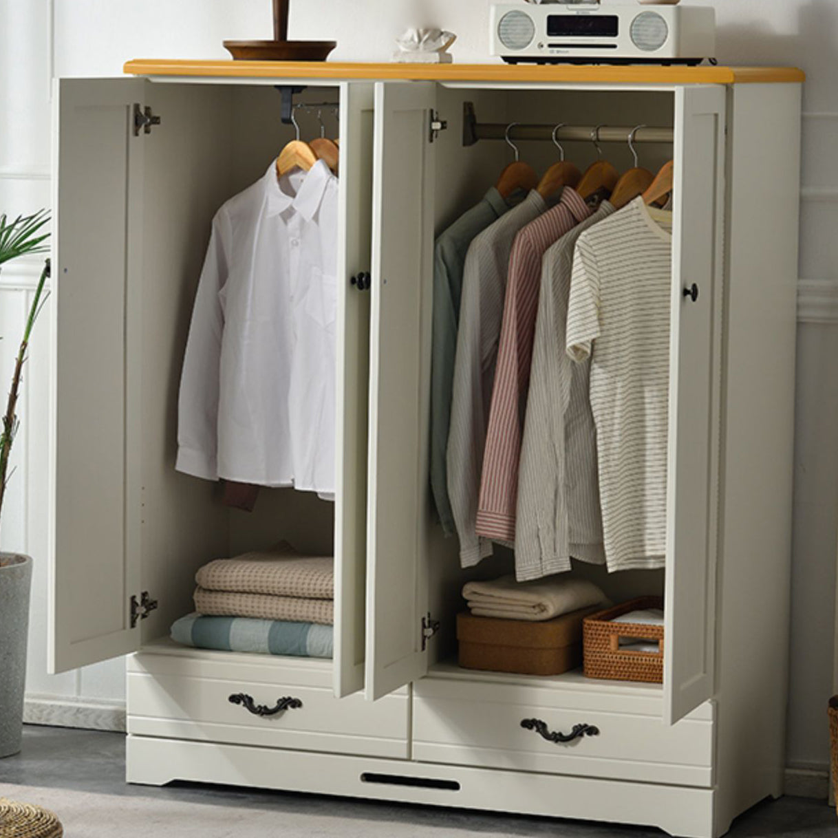 Solid Wood Kid's Wardrobe Contemporary Kids Closet with Lower Storage Drawers