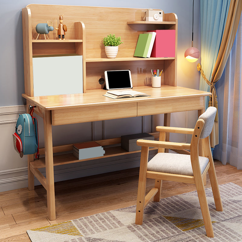 Solid Wood Study Desk Home Table with Storage 2 Drawers and Shelves