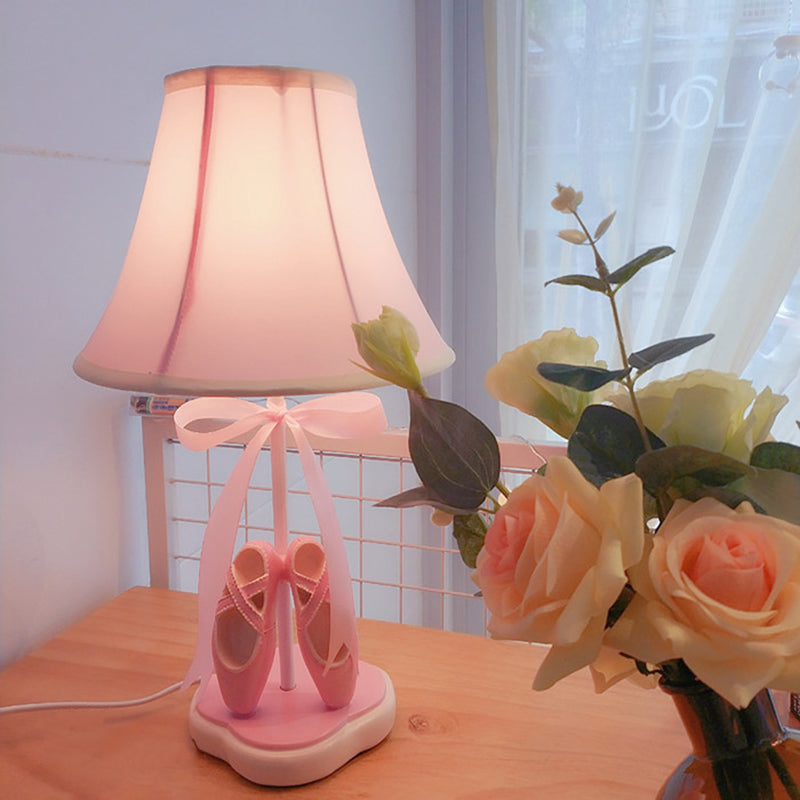 Fabric Flare Night Stand Light Kids Single-Bulb Pink Table Light with Ribbon and Ballet Shoes Ornament
