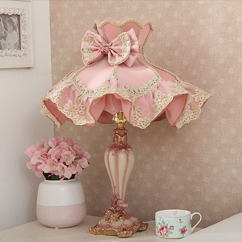 Pink Court Dress Nightstand Lamp Kids 1 Bulb Fabric Table Lighting with Lace Frill