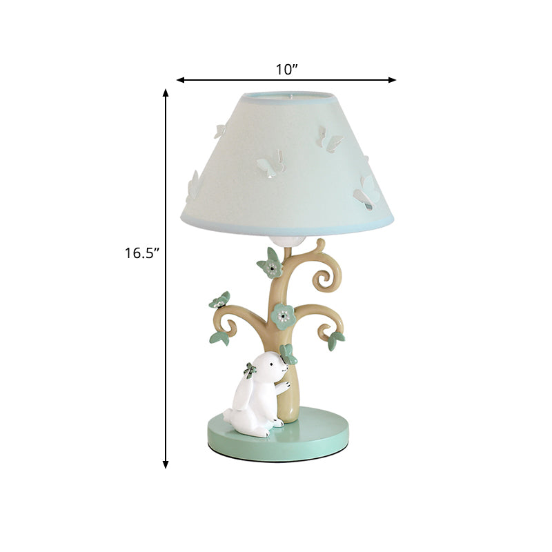 Comodone in tessuto in tessuto comodino fumetto leggero 1 tavolo blu testa lampada con base di alberi e decorazioni di coniglio