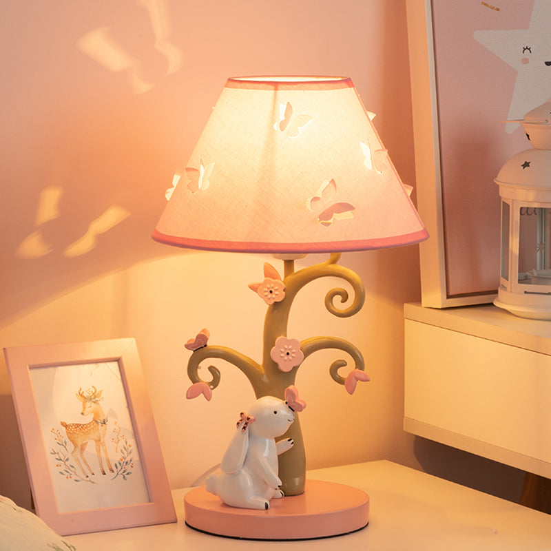 Kids Rabbit and Tree Table Lighting Resin Single Girl's Bedroom Night Light with Wide Cone Fabric Shade in Pink