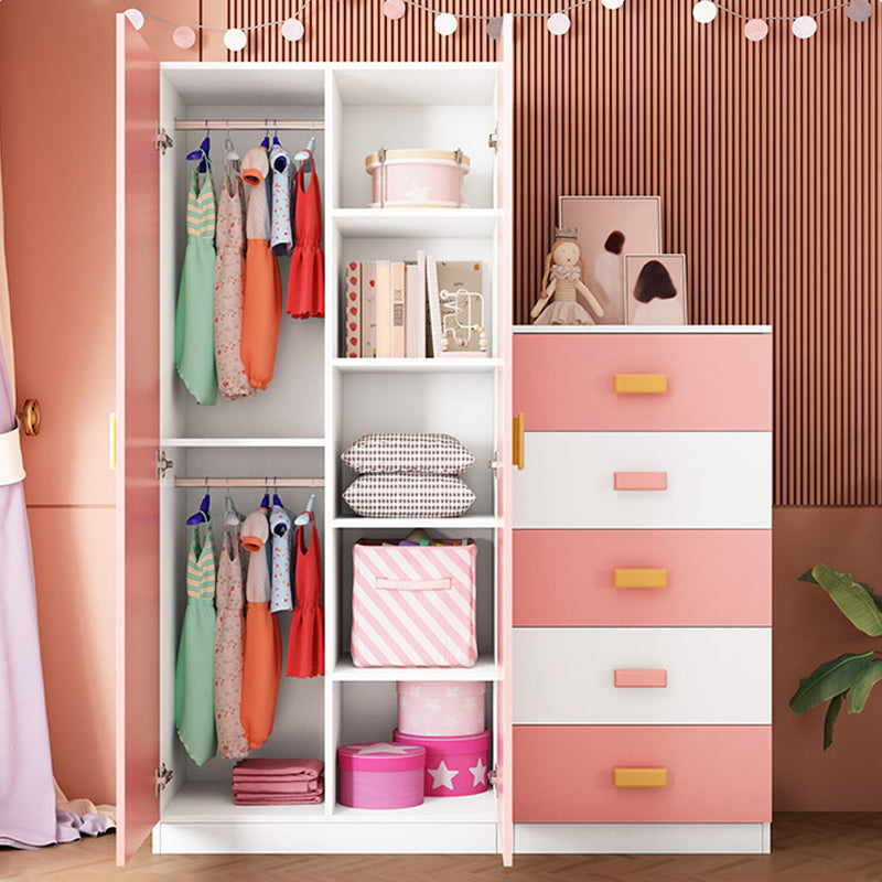 Pink Modern Kid's Wardrobe High Gloss 5-Drawer Coat Locker with Garment Rod
