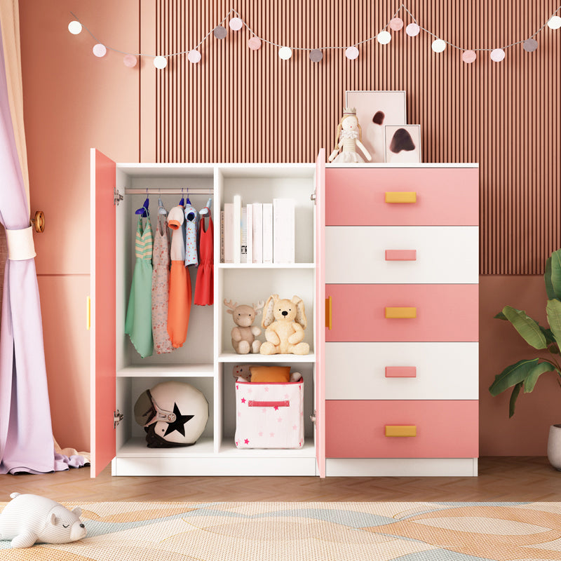 Pink Modern Kid's Wardrobe High Gloss 5-Drawer Coat Locker with Garment Rod