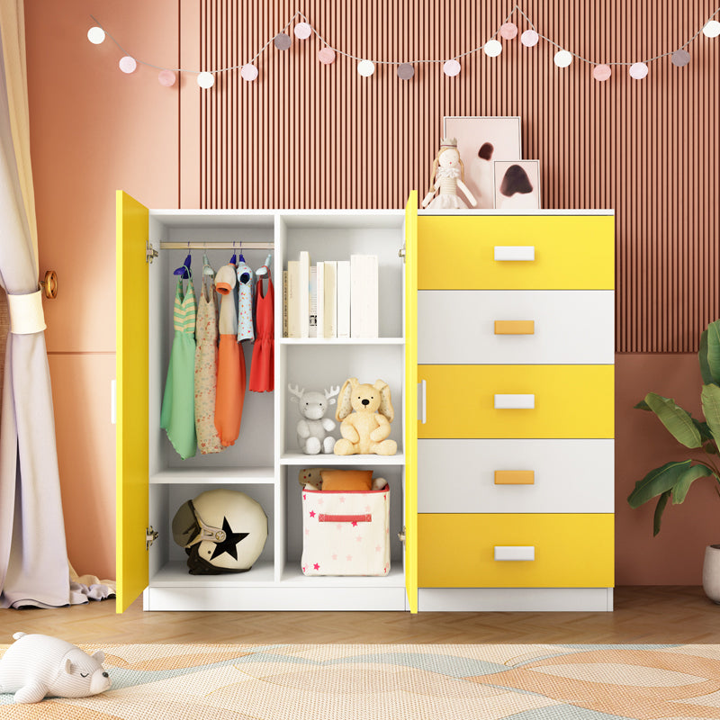 Pink Modern Kid's Wardrobe High Gloss 5-Drawer Coat Locker with Garment Rod