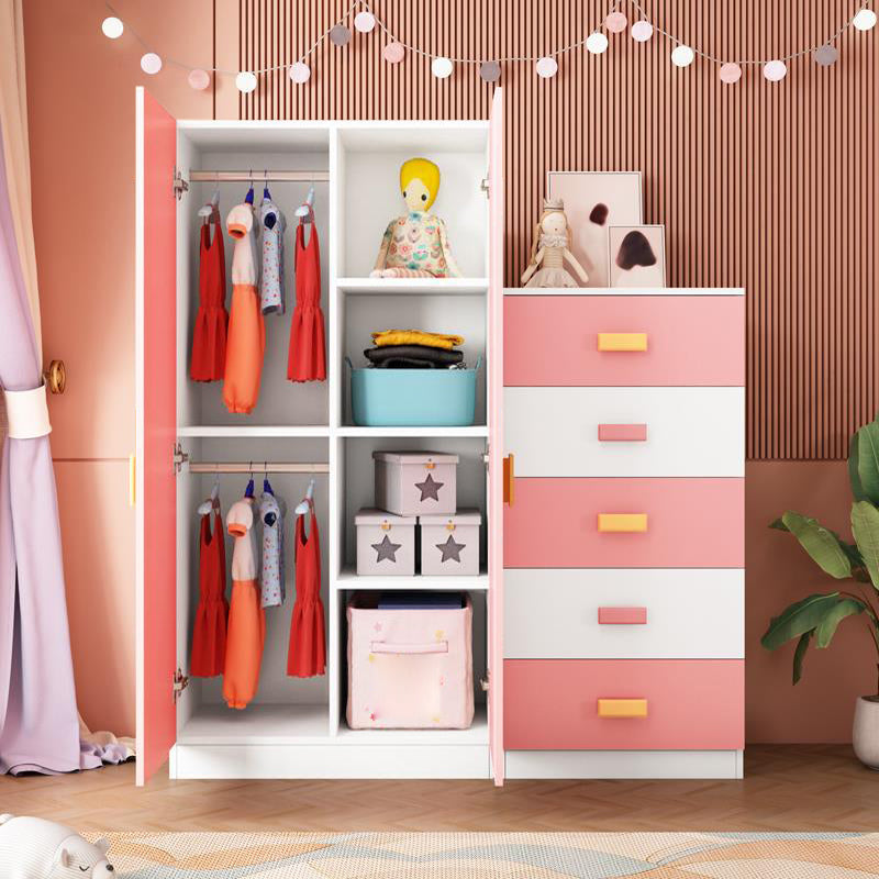 Pink Modern Kid's Wardrobe High Gloss 5-Drawer Coat Locker with Garment Rod