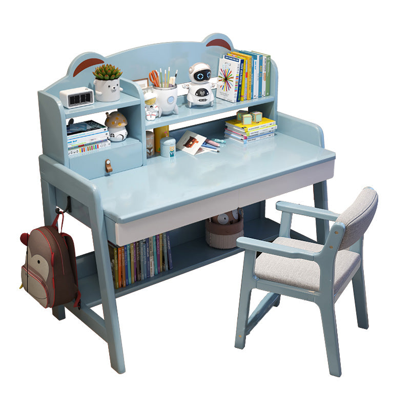 Adjustable Kids Desks and Chair Set with Hutch 2 Drawers Solid Wood Child Writing Desks