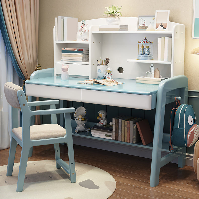 Solid Wood Writing Desk Kids Desks and Chair Set with Hutch Adjustable 2-Drawer Child Desk