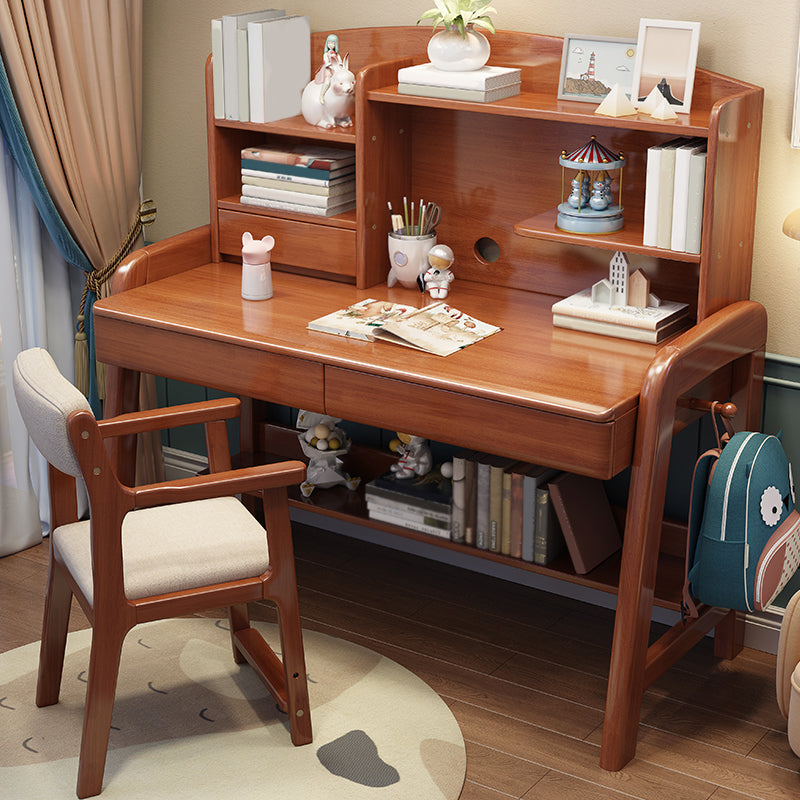 Solid Wood Writing Desk Kids Desks and Chair Set with Hutch Adjustable 2-Drawer Child Desk