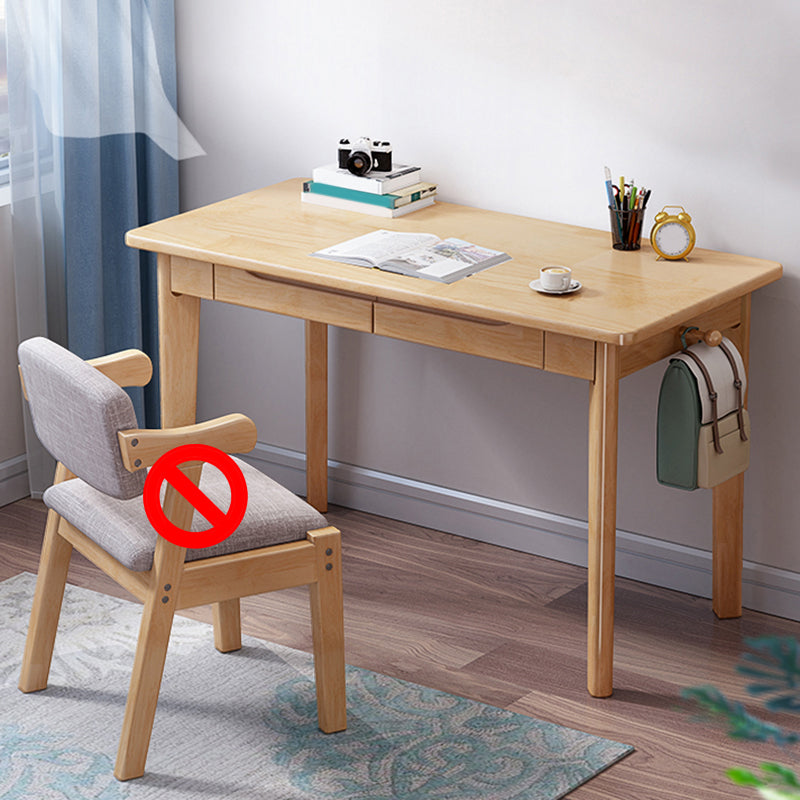 Writing Desk with 2 Drawers Solid Wood Kids Desks and Chair Set in Rubberwood