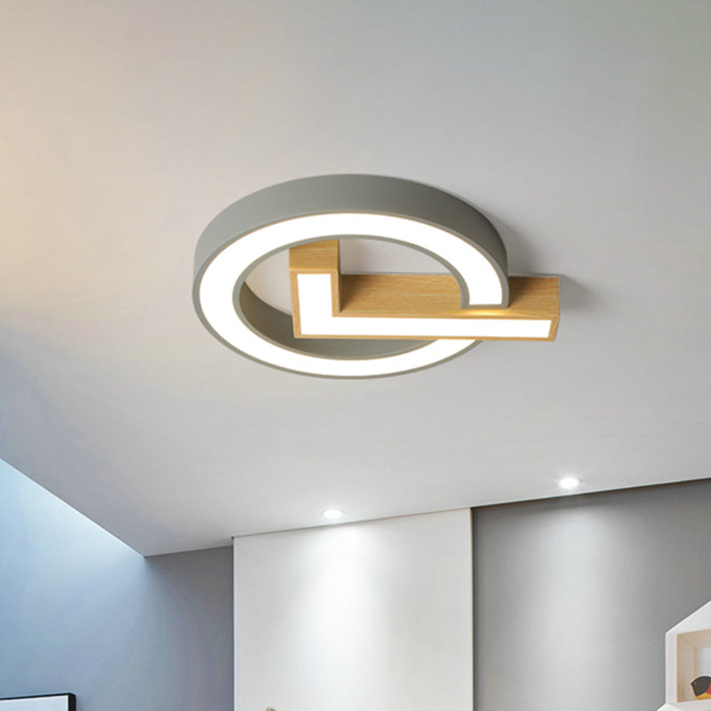 Kids Ticking Box Flush Ceiling Light Acrylic Kindergarten LED Flush Mount Lighting Fixture in Green/Grey-Wood