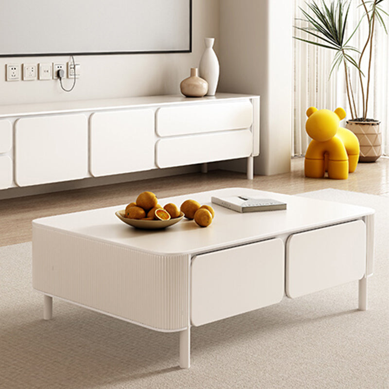 4 Legs White Slate Rectangular Cocktail Table with Storage Drawers