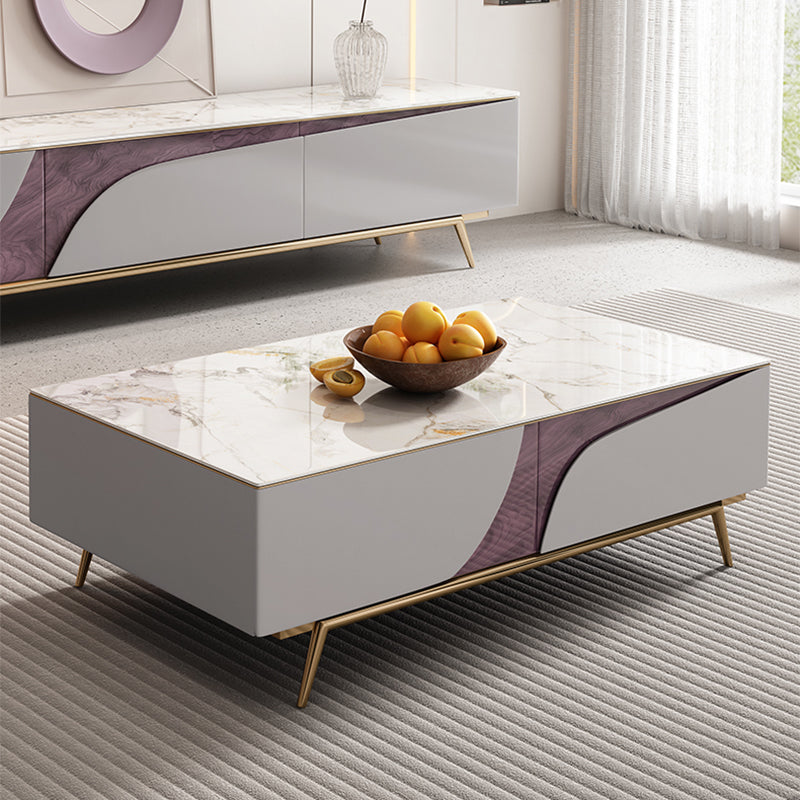 4 Legs Coffee Cocktail Table with Storage Drawers White Marble