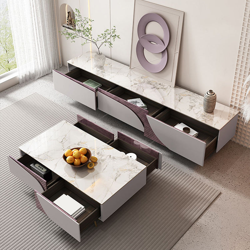 4 Legs Coffee Cocktail Table with Storage Drawers White Marble