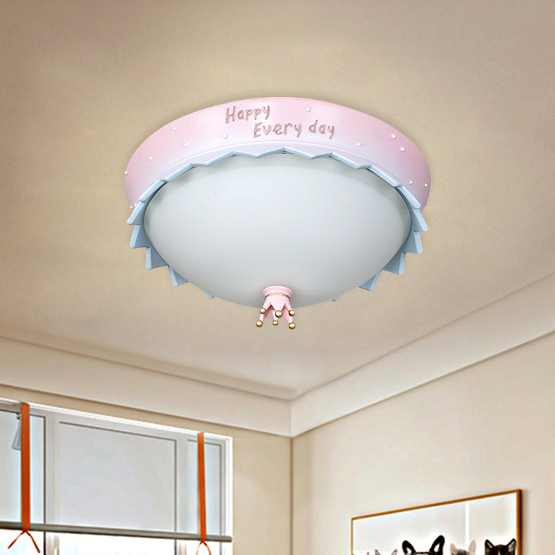 Pink Scalloped Edge Dome LED Flush Mount Cartoon Resin Close to Ceiling Light with Frosted White Glass Shade