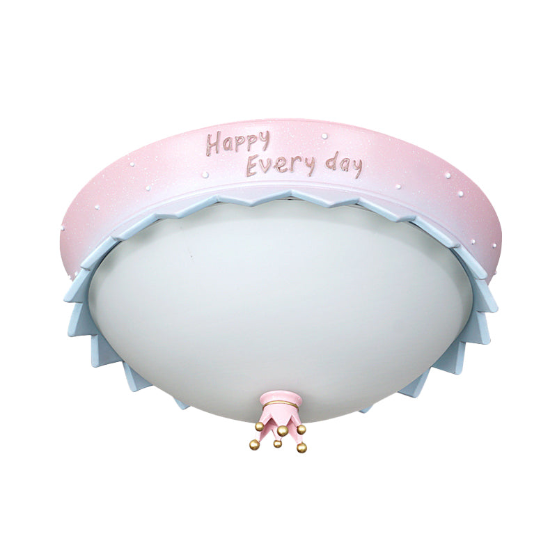 Pink Scalloped Edge Dome LED Flush Mount Cartoon Resin Close to Ceiling Light with Frosted White Glass Shade