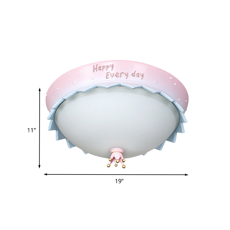 Pink Scalloped Edge Dome LED Flush Mount Cartoon Resin Close to Ceiling Light with Frosted White Glass Shade