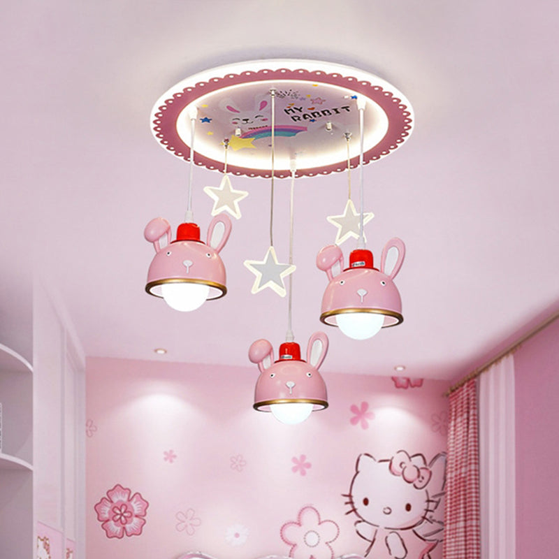 Happy Bunny Girl Bedroom Ceiling Lamp Resin 3 Bulbs Cartoon Flush Mount Fixture with Suspended Dome Shade in Pink