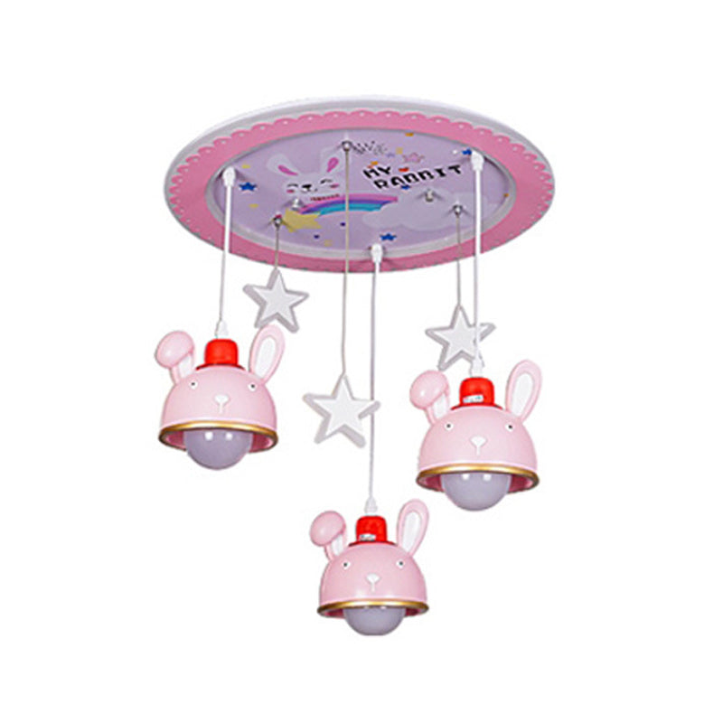 Happy Bunny Girl Bedroom Ceiling Lamp Resin 3 Bulbs Cartoon Flush Mount Fixture with Suspended Dome Shade in Pink