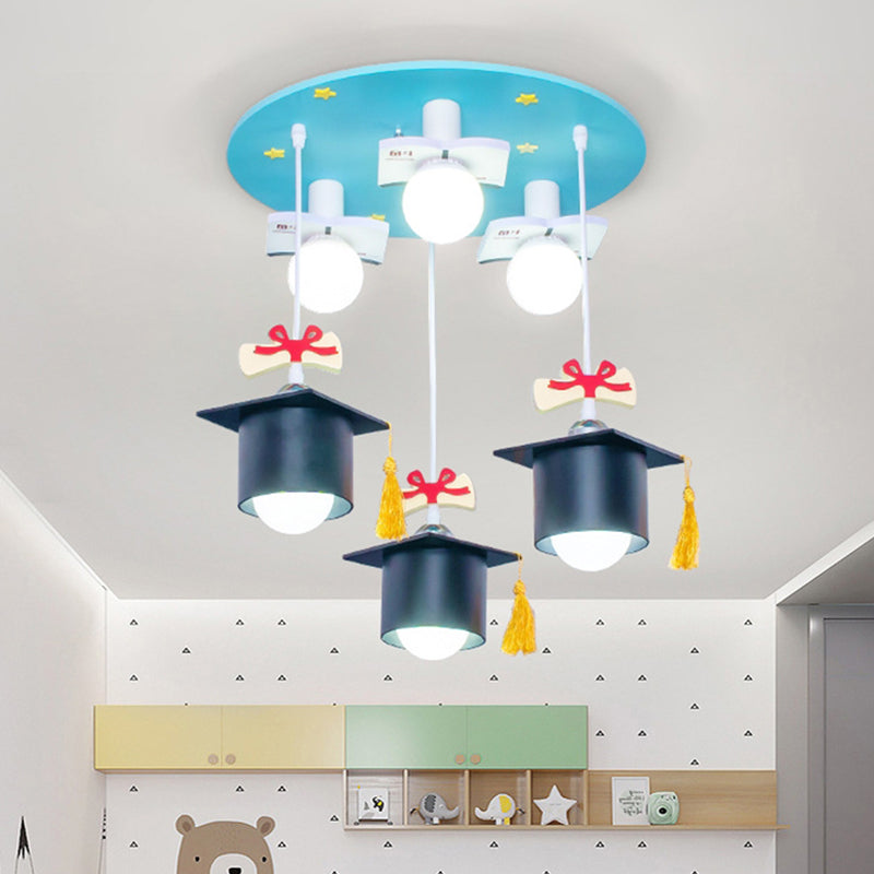 Plafonnier carré en résine à capuchon académique pour enfants, 3 lumières, lampe encastrée bleu clair pour chambre d'enfant