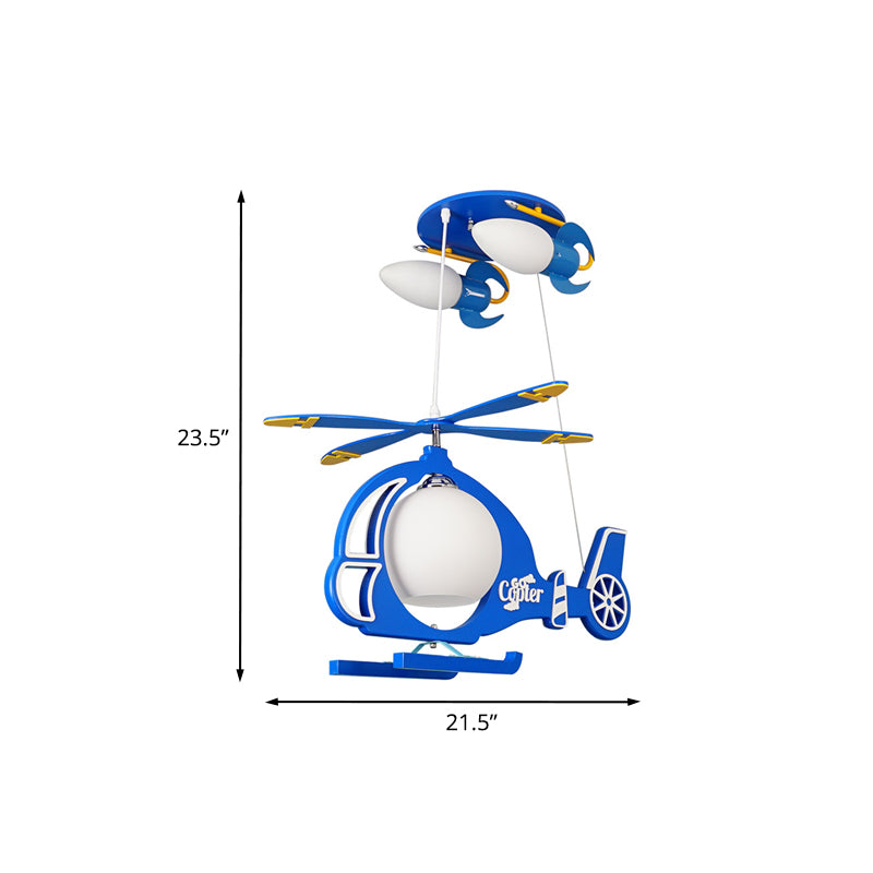 Copter Aircraft Boy's Room Ceiling Light Cream Glass 5-Light Kids Flush Mount Chandelier in Blue