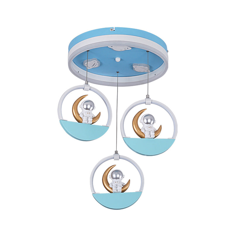 Kids Style 3-Bulb LED Flush Light Gold/Silver Draping Spaceman Sitting On The Moon Ceiling Mount Lamp with Acrylic Shade