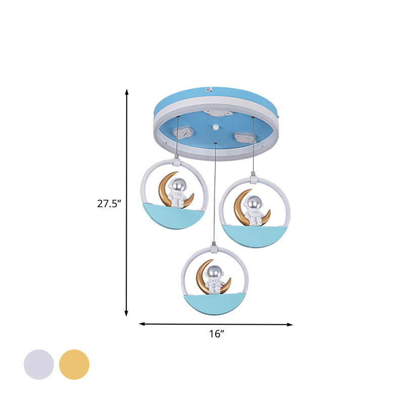 Kids Style 3-Bulb LED Flush Light Gold/Silver Draping Spaceman Sitting On The Moon Ceiling Mount Lamp with Acrylic Shade