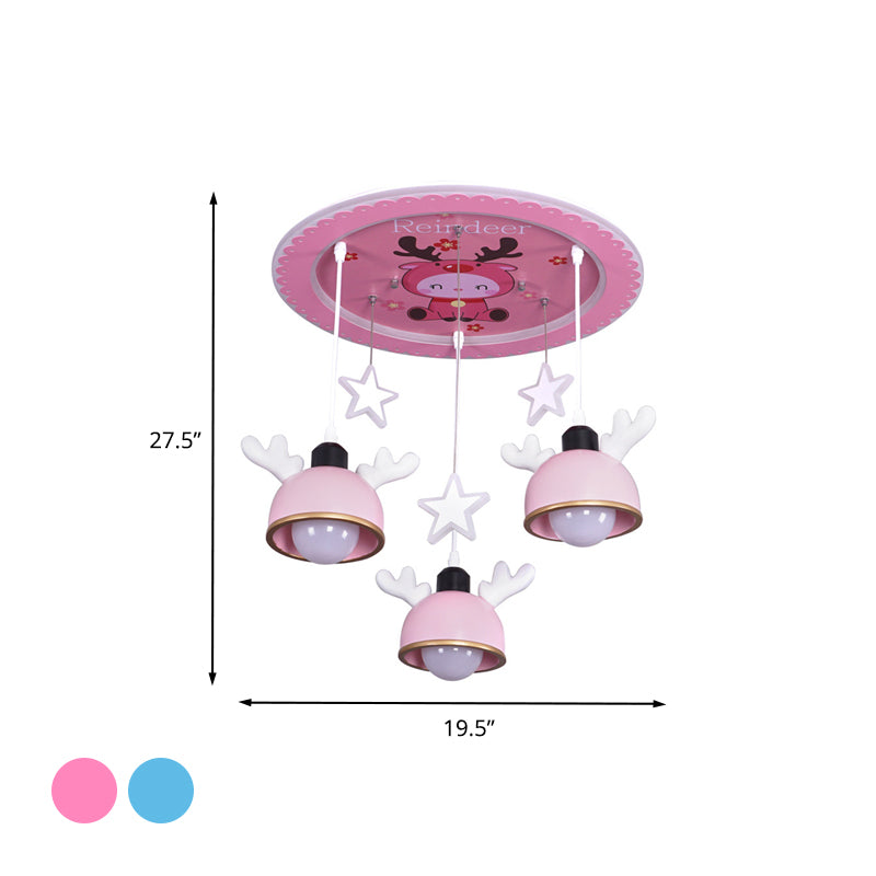 Cartoon Deer Resin Flush Mount Lamp 3 Bulbs Ceiling Lighting with Hanging Bowl Lampshade in Pink/Blue