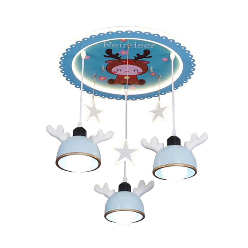 Cartoon Deer Resin Flush Mount Lamp 3 Bulbs Ceiling Lighting with Hanging Bowl Lampshade in Pink/Blue