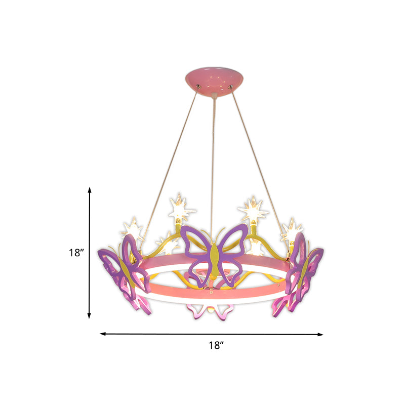 7 Bulbs Girl Room Hanging Chandelier Kid Pink Pendant Lamp with Butterfly/Crown Acrylic Shade