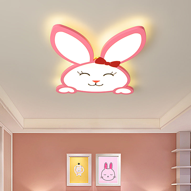 Kids Extra Thin Cheerful Bunny Flushmount Iron Nursery School LED Ceiling Flush Light in Pink
