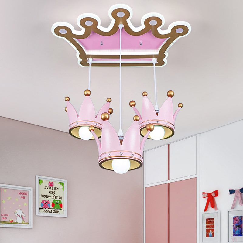 Crown Resin Ceiling Flush Mount Light Cartoon 3 Heads Pink Flush Mounted Lamp with Drapes