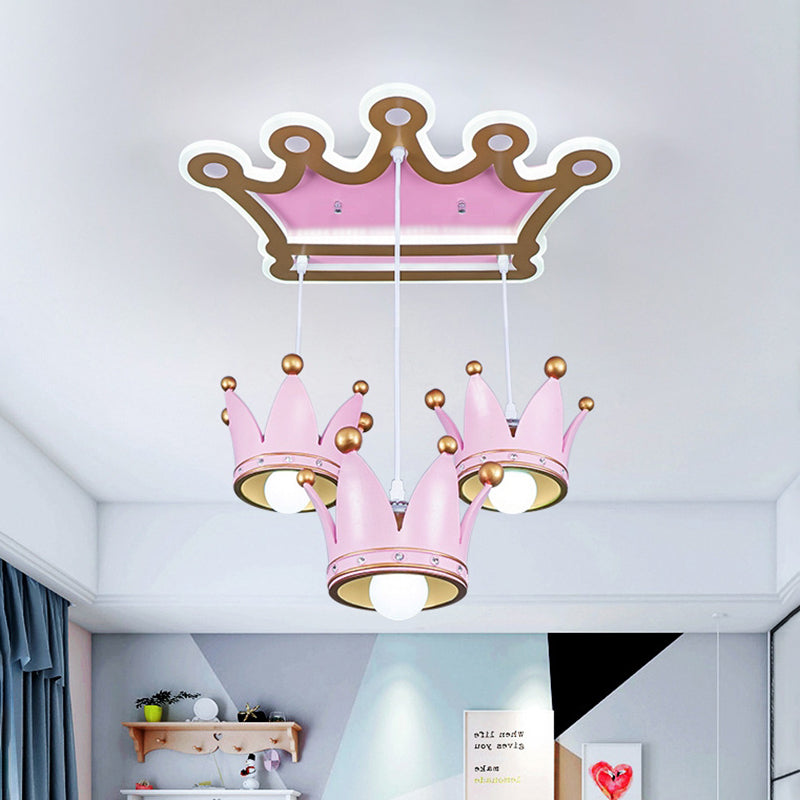 Crown Resin Ceiling Flush Mount Light Cartoon 3 Heads Pink Flush Mounted Lamp with Drapes