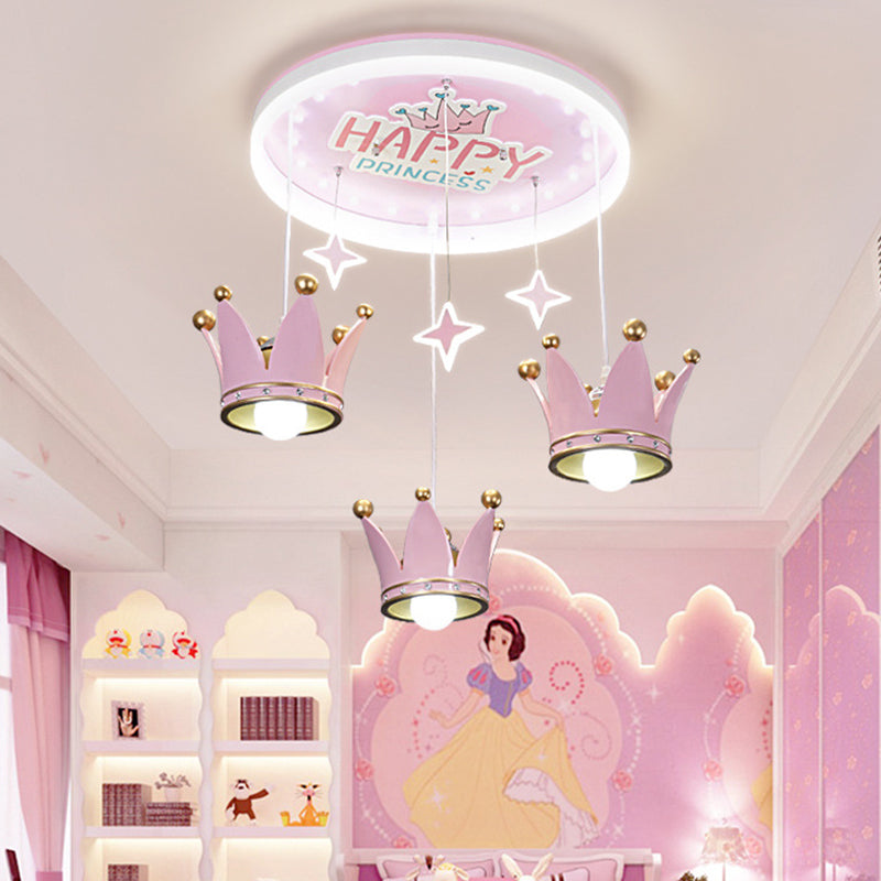 Kids Circular Acrylic Ceiling Flush 3 Bulbs Flush Mounted Lighting with Suspended Resin Crown in Pink