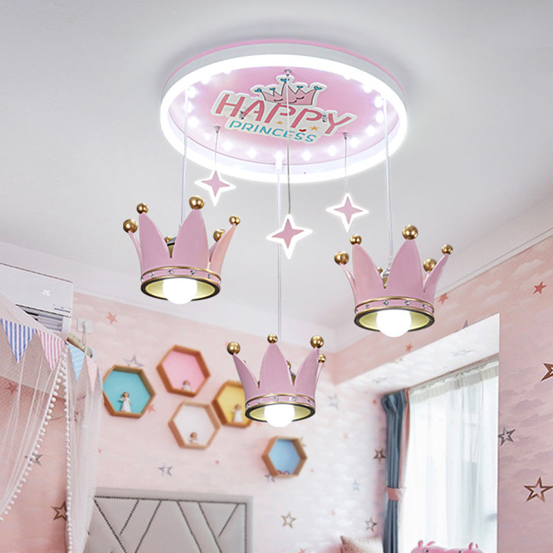 Kids Circular Acrylic Ceiling Flush 3 Bulbs Flush Mounted Lighting with Suspended Resin Crown in Pink