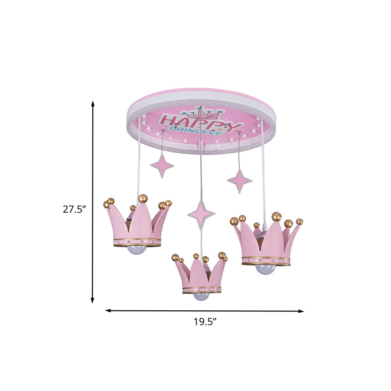 Kids Circular Acrylic Ceiling Flush 3 Bulbs Flush Mounted Lighting with Suspended Resin Crown in Pink