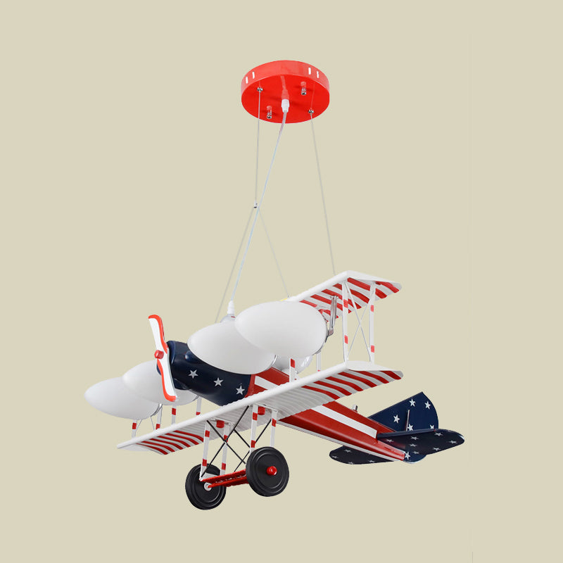 Red Striped Plane Pendant Chandelier Kids 5 Bulbs Metal Hanging Lamp Kit with Oval Opal Matte Glass Shade