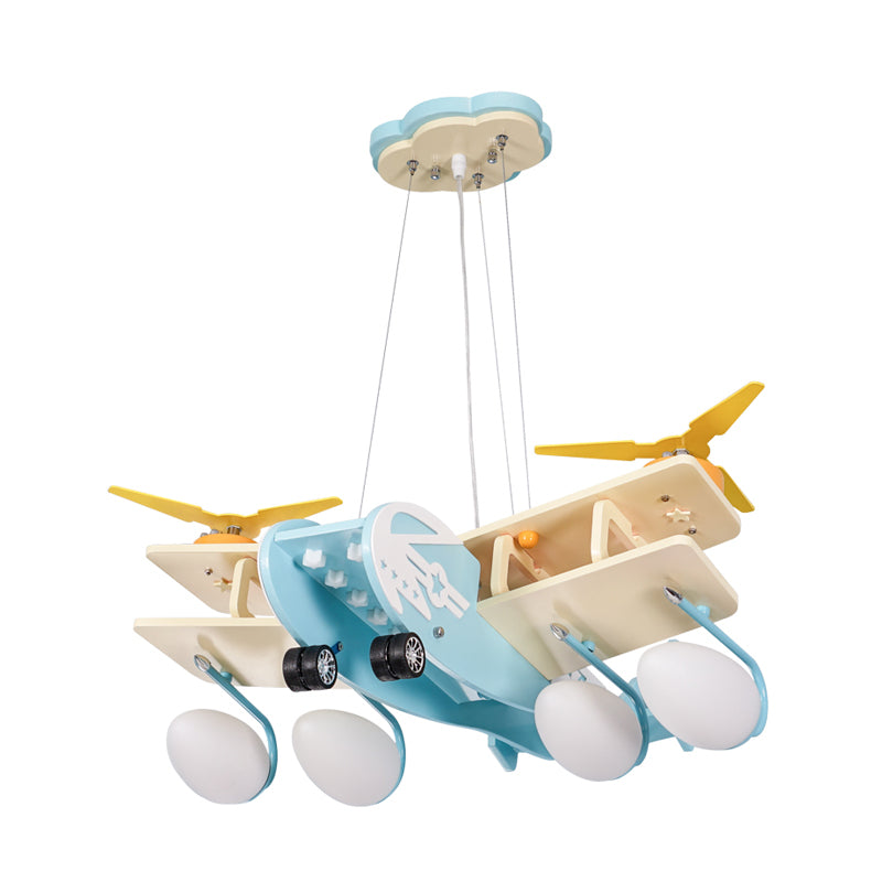 Enfants Bomber Plane Wood Drop lampe 4 têtes Pendre du lustre Lumière en bleu clair avec une teinte en verre blanc bombe