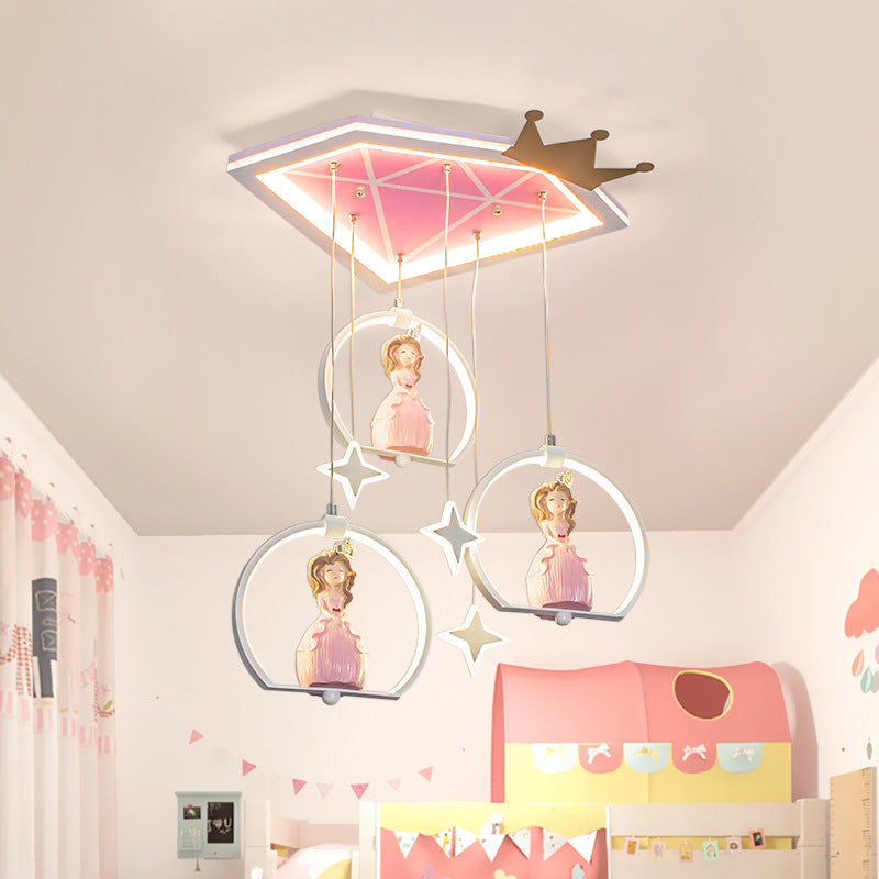 Cartoon LED Ceiling Flush Pink Diamond Flush Mount Light Fixture with Acrylic Shade and Draping Princess