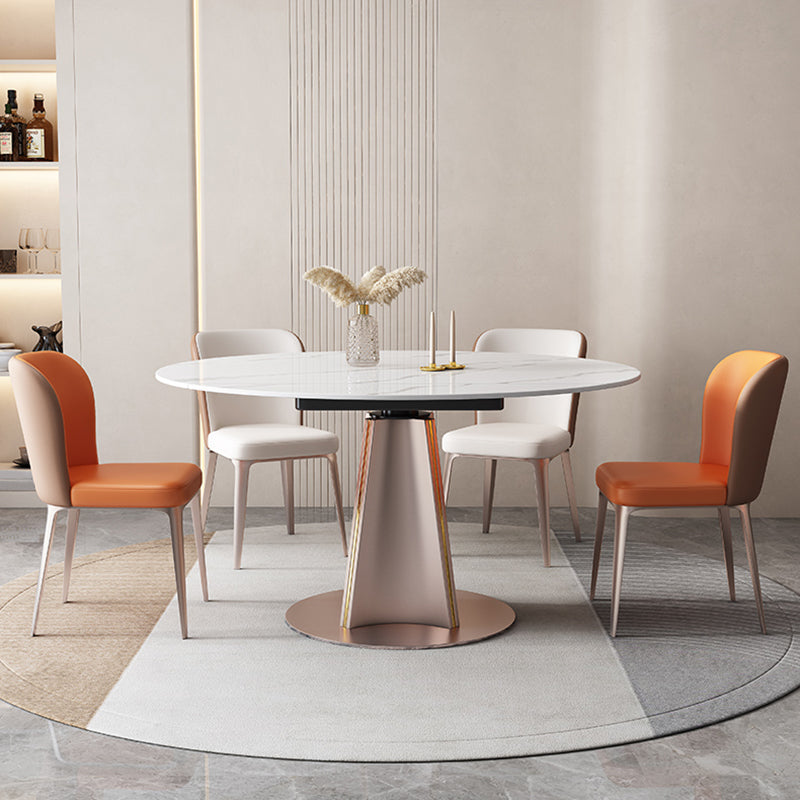 Modern White Round Extendable Dining Table with Metal Pedestal Base
