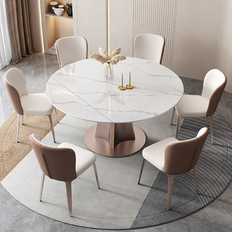 Modern White Round Extendable Dining Table with Metal Pedestal Base