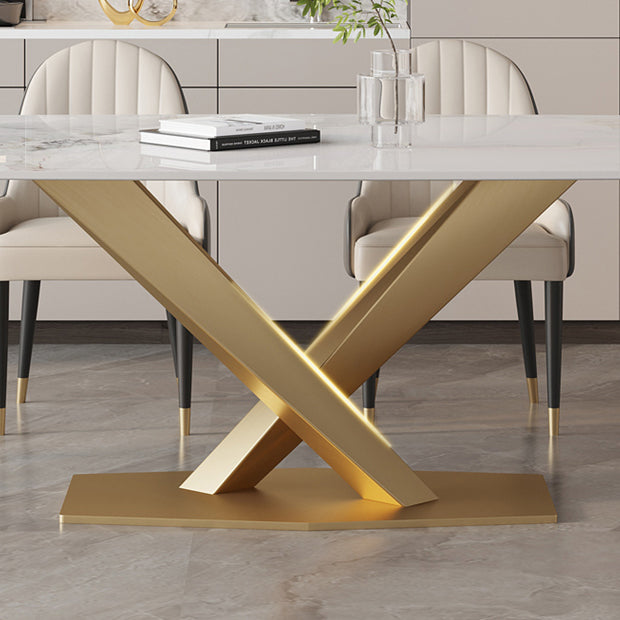 Modern White Rectangular Stone Dining Table with Metal Pedestal Base