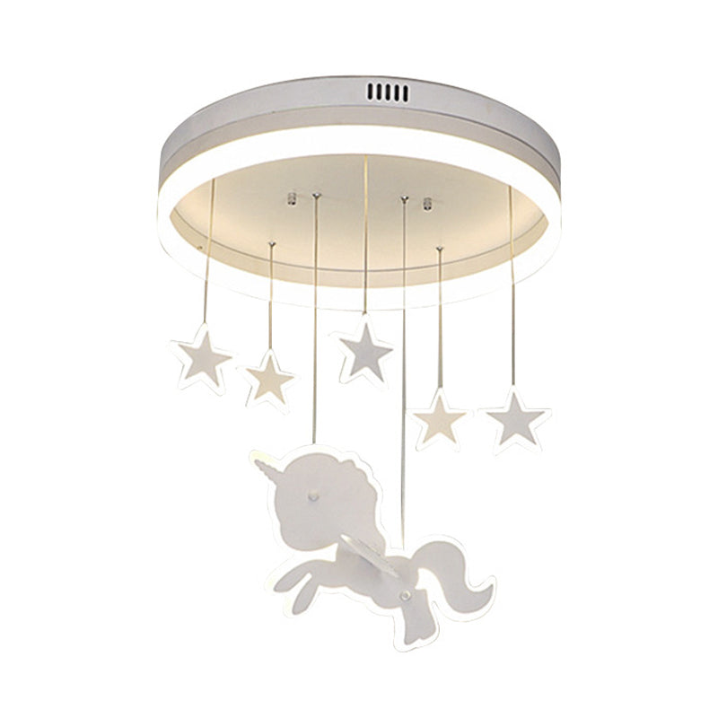 Circular Acrylic Ceiling Mount Lamp Cartoon White LED Flush Mount Lighting Fixture with Star and Unicorn Drape