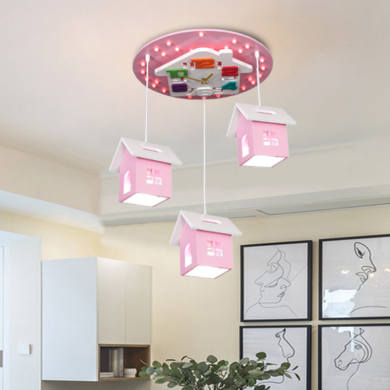 Wood Draping House Ceiling Light Cartoon 3 Bulbs LED Flush-Mount Light Fixture in Pink/Blue