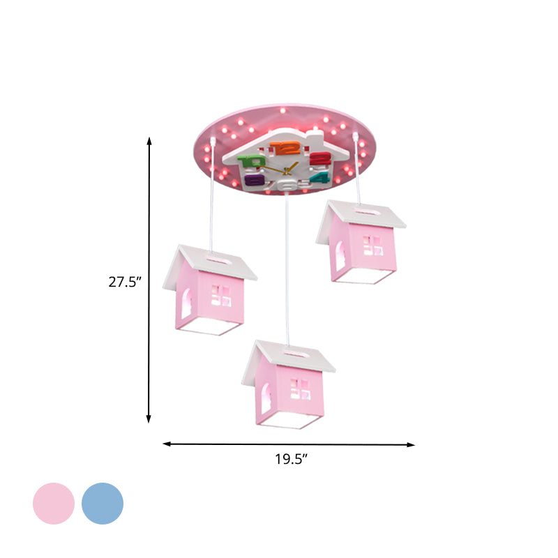 Wood Draping House Ceiling Light Cartoon 3 Bulbs LED Flush-Mount Light Fixture in Pink/Blue