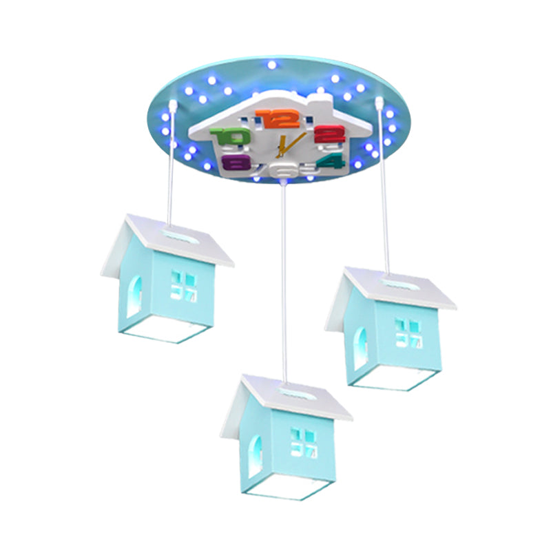 Wood Draping House Ceiling Light Cartoon 3 Bulbs LED Flush-Mount Light Fixture in Pink/Blue