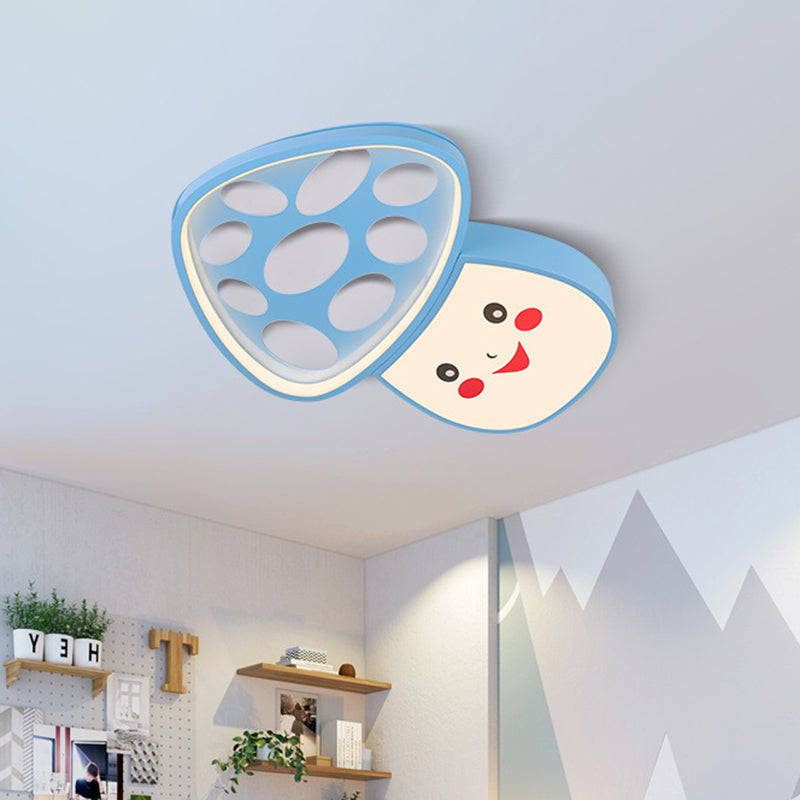 Cartoon Smiley Mushroom Iron Flush Light LED Surface Ceiling Lamp in Blue/Pink for Kindergarten