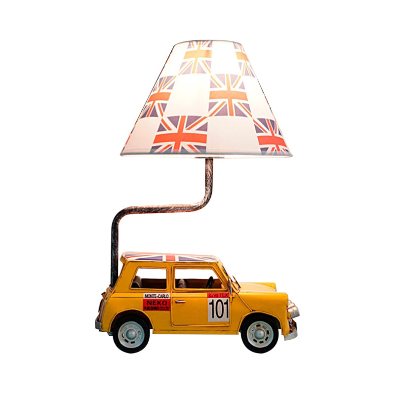 Kids Jeep Car Eisen Nachttisch Lampe 1 Kopftisch Hell in Gelb/Blau mit Cross -Stoff -Empire -Schatten