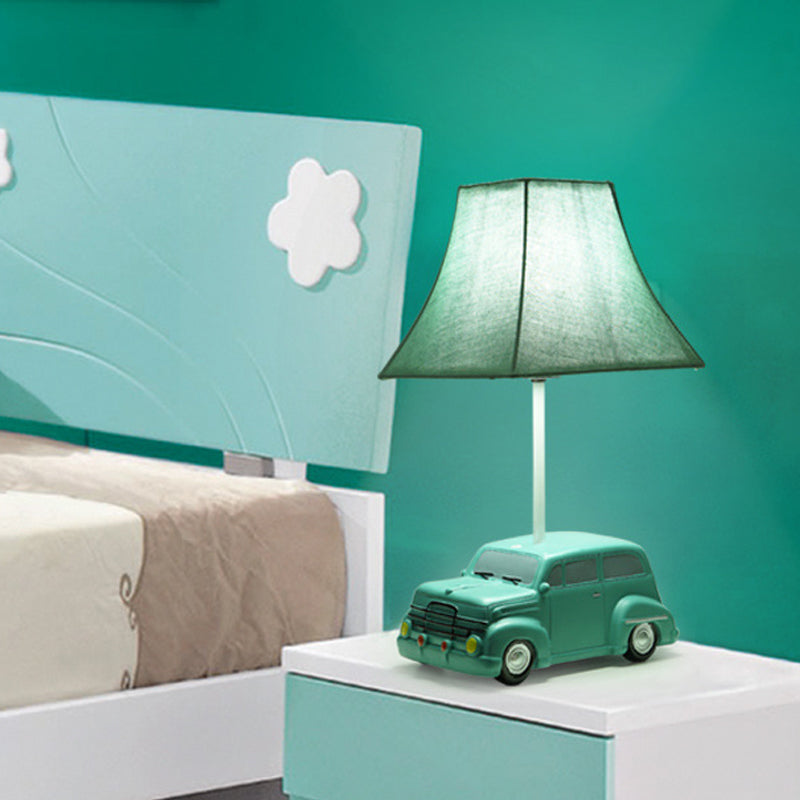 Green Car Nightstand Lamp Kids 1 Bulb Resin Table Lighting with Pagoda Fabric Lamp Shade