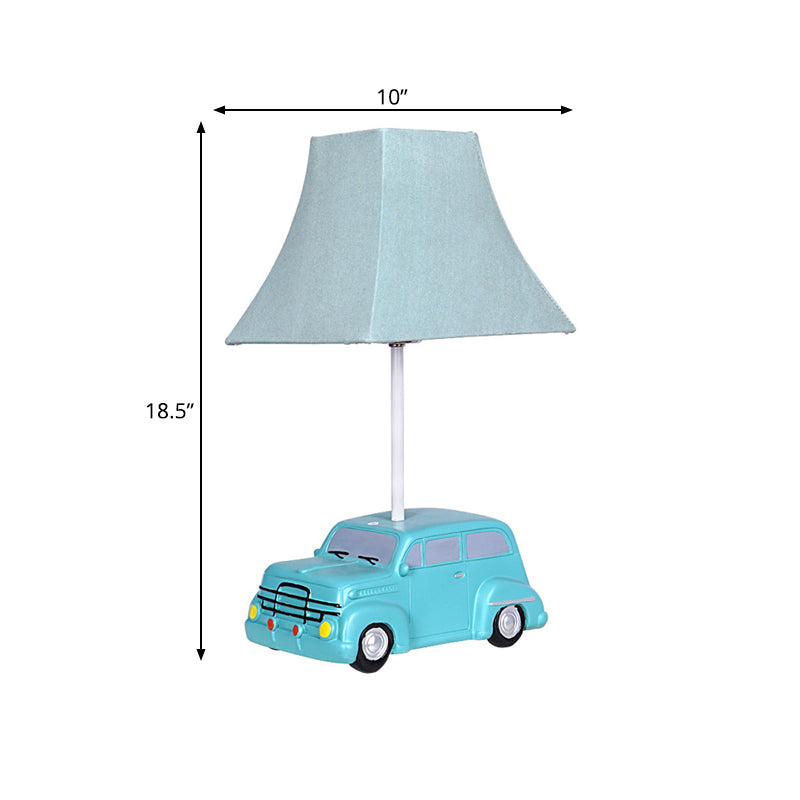 Green Car Nightstand Lamp Kids 1 Bulb Resin Table Lighting with Pagoda Fabric Lamp Shade